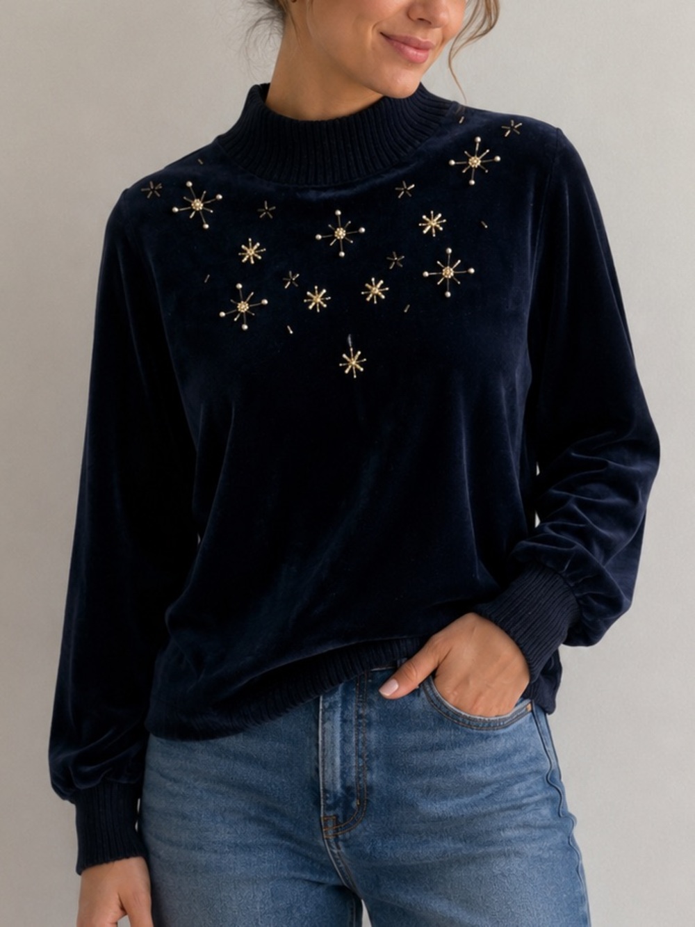 Vintage Summit Place Velvet Mock Neck Sweater Beaded Starburst Holiday Top Small